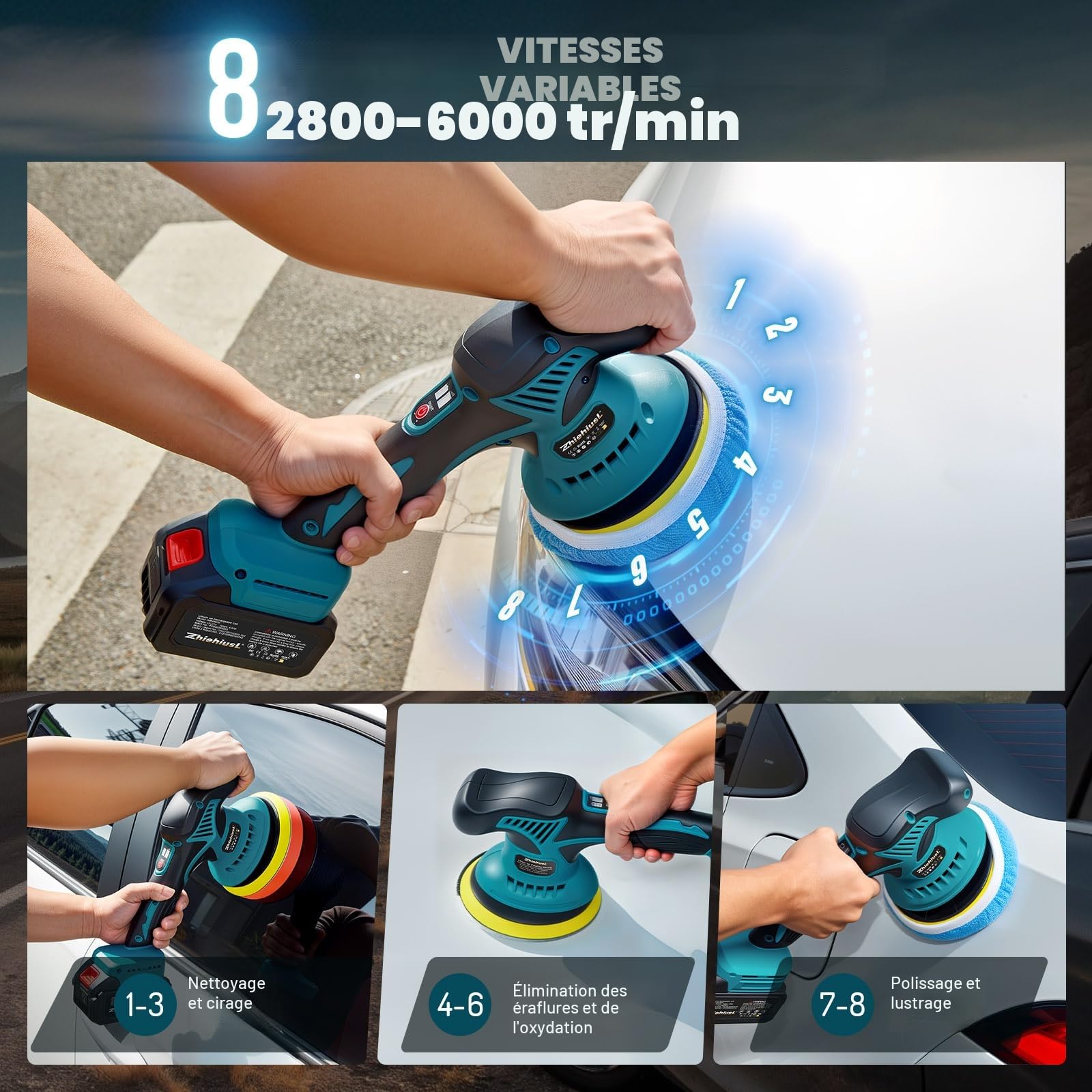 Kit de polisseuse de voiture sans fil de 6 pouces avec 2 batteries 21v3000mAh et 8 vitesses réglables de 2800 à 6000rpm pour le polissage de voiture, l'épilation à la cire et l'élimination des rayures