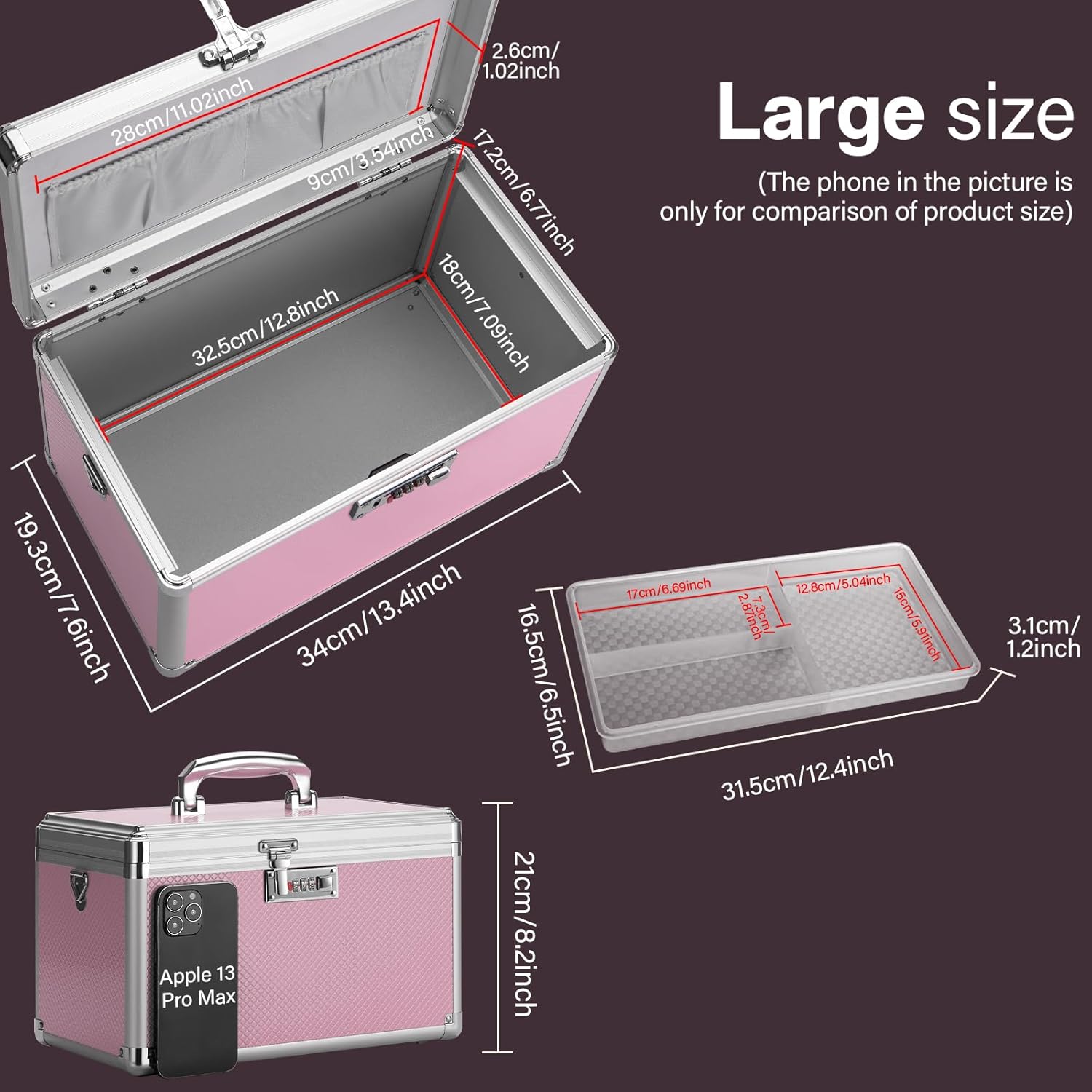 Medicine Lock Box with Combination Lock - 13.4 x 7.6 x 8.2 Inches - First Aid Safe Medication Storage Box, Medications and Personal Items, Safe Boxes for Home and Outdoor - Pink