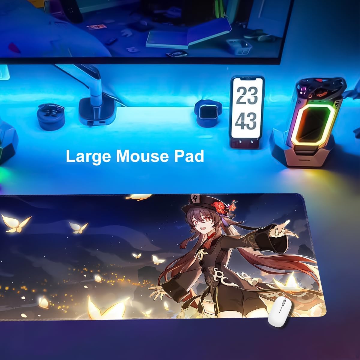 Anime Mouse Pad Large Gaming Mouse Pad Durable Non-Slip Natural Rubber Base Hu Tao 4 Genshin Impact Mouse Pad for Office and Home(31.5 * 11.8 inch)