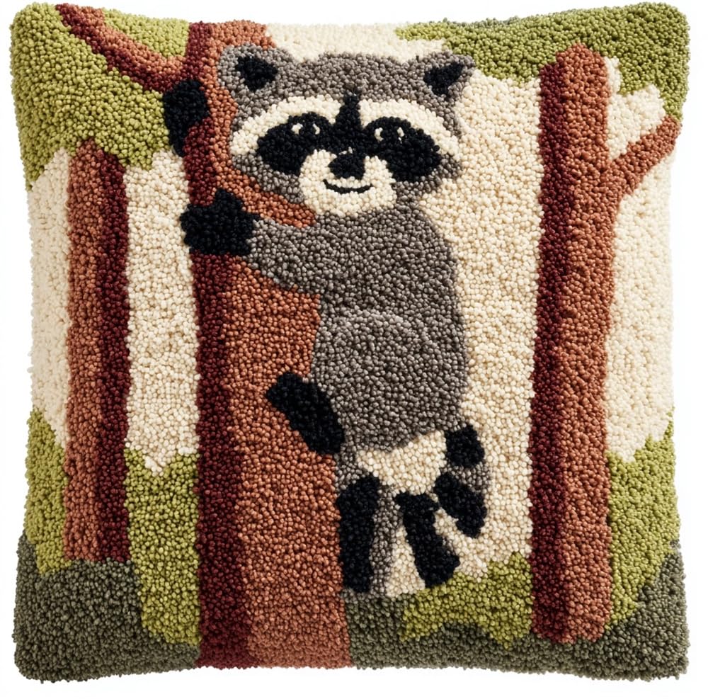 kitphoenix Latch Hook Kit Cushion for Adults,Raccoon in A Tree