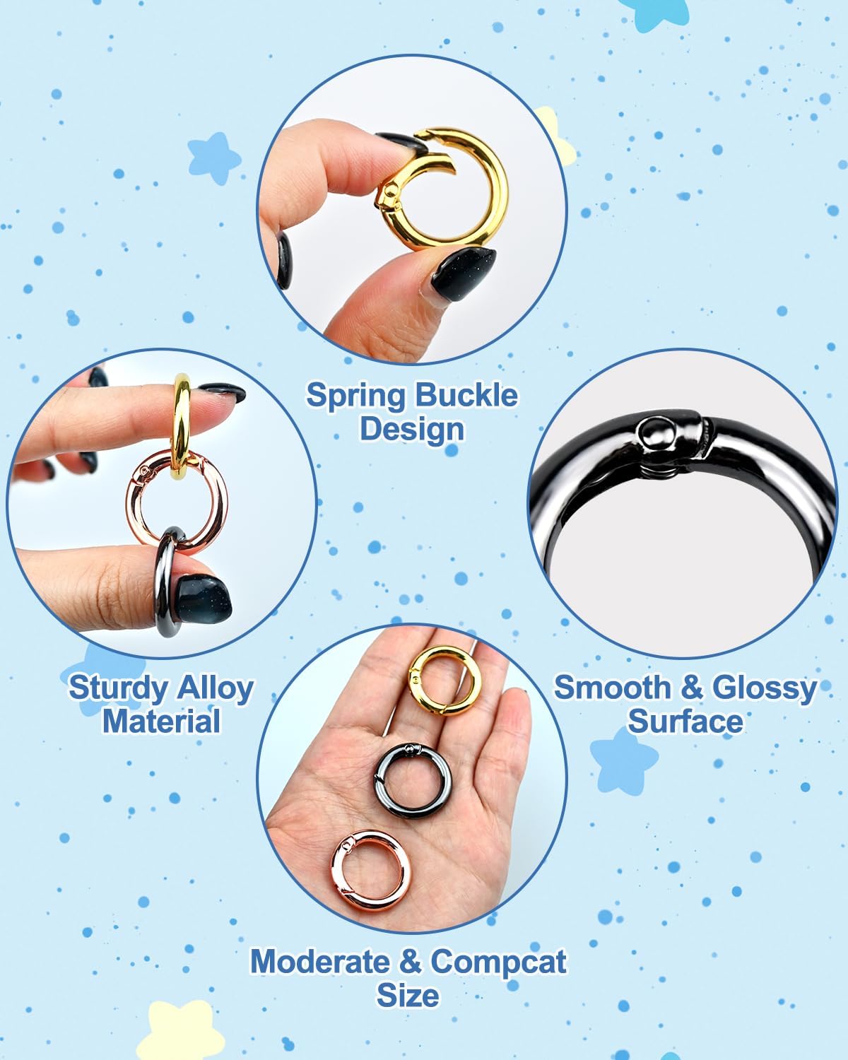 24 PCS Trigger Spring O Rings, Round Carabiner Clip, Gold Binder Key Rings, Metal Keychain Clip Snap Hooks, Circle Spring Key Ring for Keyring Buckle Purse Handbag Hardware, 4 Sizes (Mixed Color)