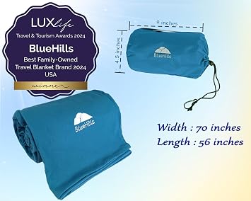 BlueHills Ultra Compact Travel Blanket Pillow 2 Pack Airplane Peacock Teal | Travel Set Blanket/Pillows, Matching Bag/Pillowcase, Luggage Belt & Backpack Clip, Compact & Packable, Traveling Essentials