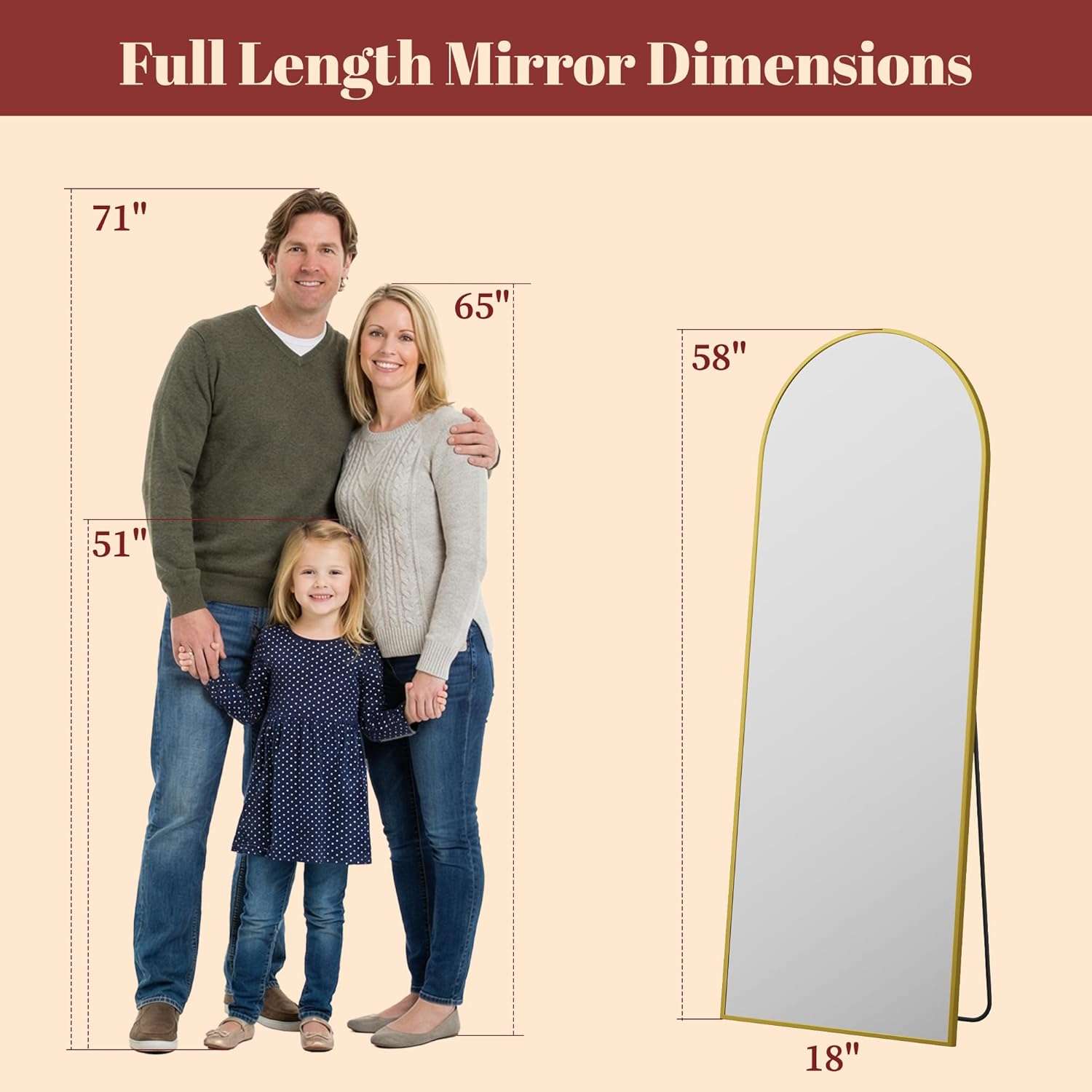Suidia 58"x18" Arched Full Length Mirror with Stand, Full Body Mirror with Aluminum Frame, Freestanding/Leaning/Wall-Mounted, Floor Mirrors for Bedroom, Living Room, Entryway, Dressing Room, Gold