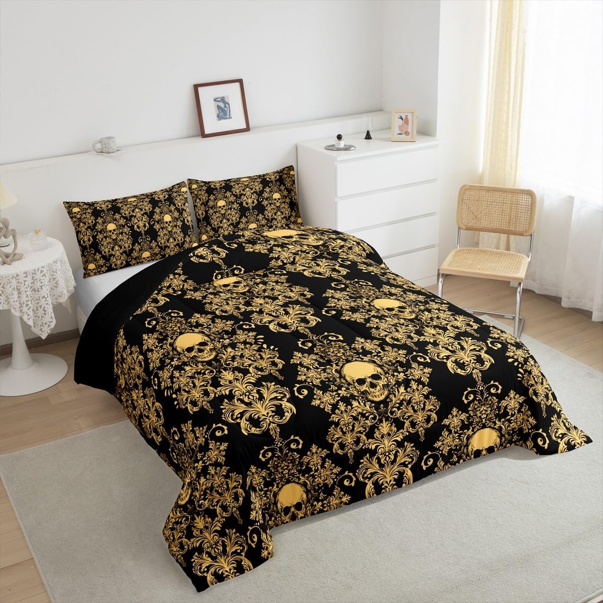 Feelyou Jacquard Damask Comforter Set Luxury Royal Golden Jacquard Bedding Set Queen Size for Kids Boys Girl Boho Style Duvet Quilt Damask Skull Pattern Duvet Floral Bedroom Decor