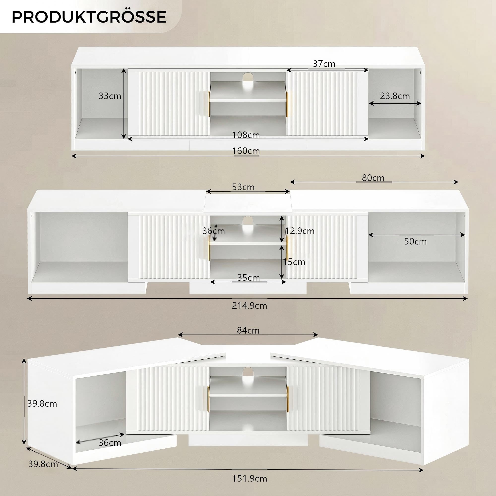 IRONCK TV Schrank Ausziehbar 160–200cm, Lowboard für Fernseher 30-75 Zoll, Drehbar Eck Fernsehschrank Holz, 2 Türen und verstellbaren Stauraum, Modern TV Board Fernsehtisch für Wohnzimmer, Weiß