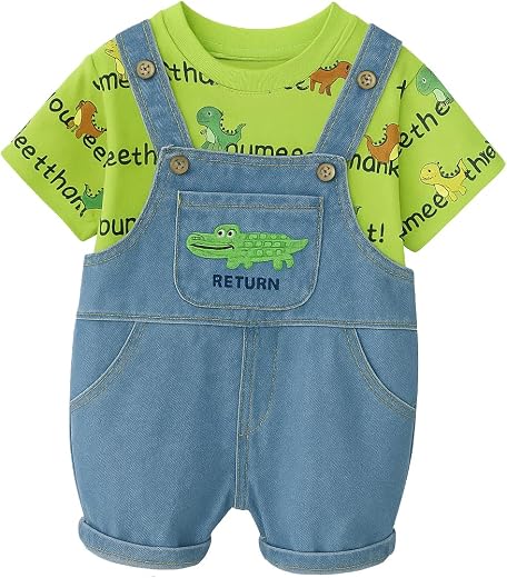Bold N Elegant Soft Dinosaur Cartoon Denim Bibshorts Dungaree with Printed Tshirt Dungri Jumper for Baby Boy Girl Kids
