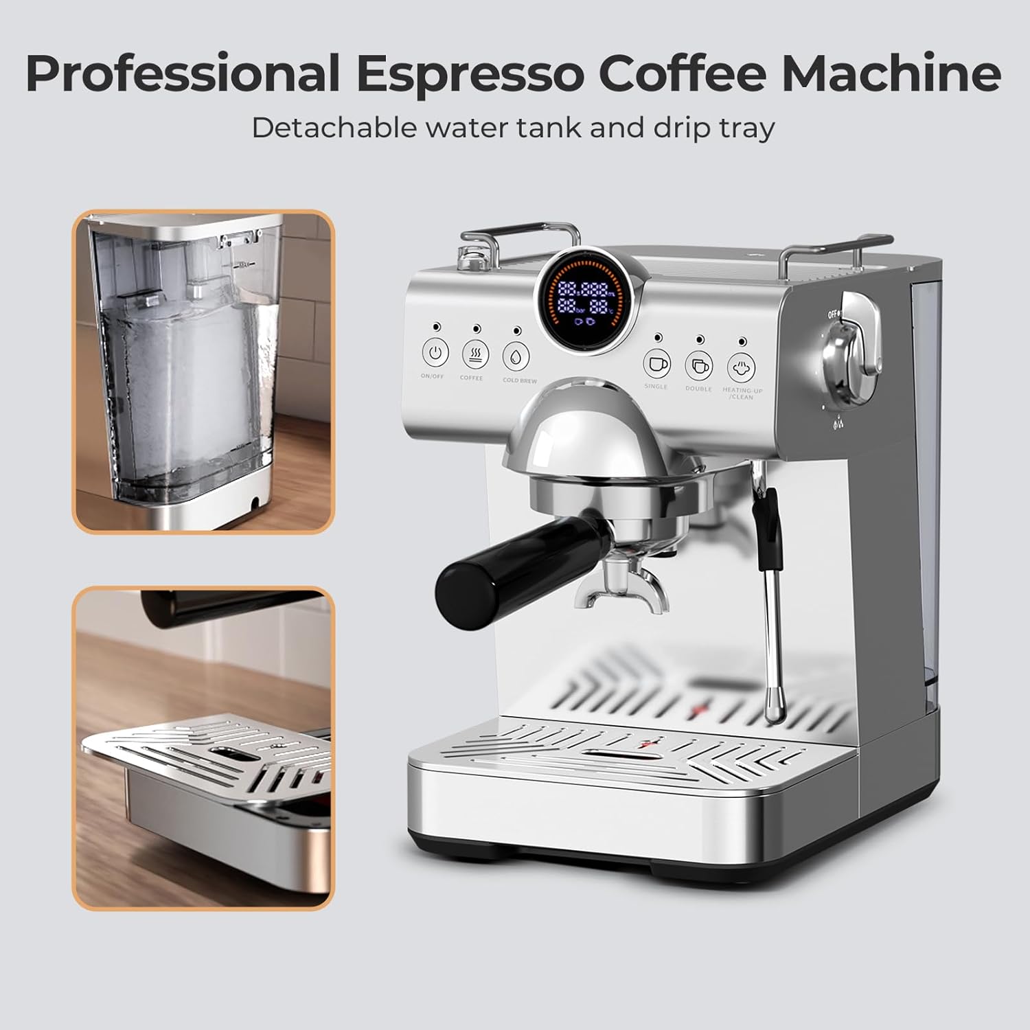 Compact Espresso Machine with Milk Frother,Cold Brew & Hot Coffee Machine,LED Display,Cappuccino & Latte Machine for Home,Beginner-Friendly Espresso Machines (SILVER)