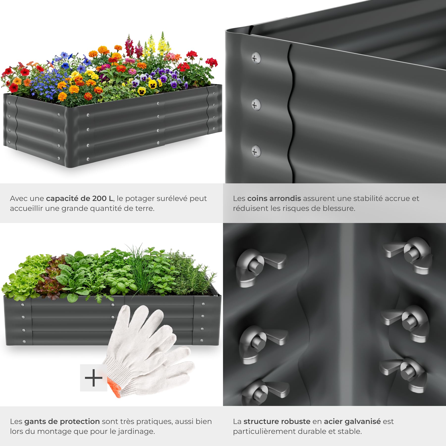 tectake® Jardiniere 120 x 60 x 30 cm, Plate-Bande surélevée en Acier, Potager surélevé, 1 Paire de Gants Jardinage Incluse, Carre Potager 200L, Lit de Jardin, Jardiniere Exterieur, Bac a Fleur Jardin