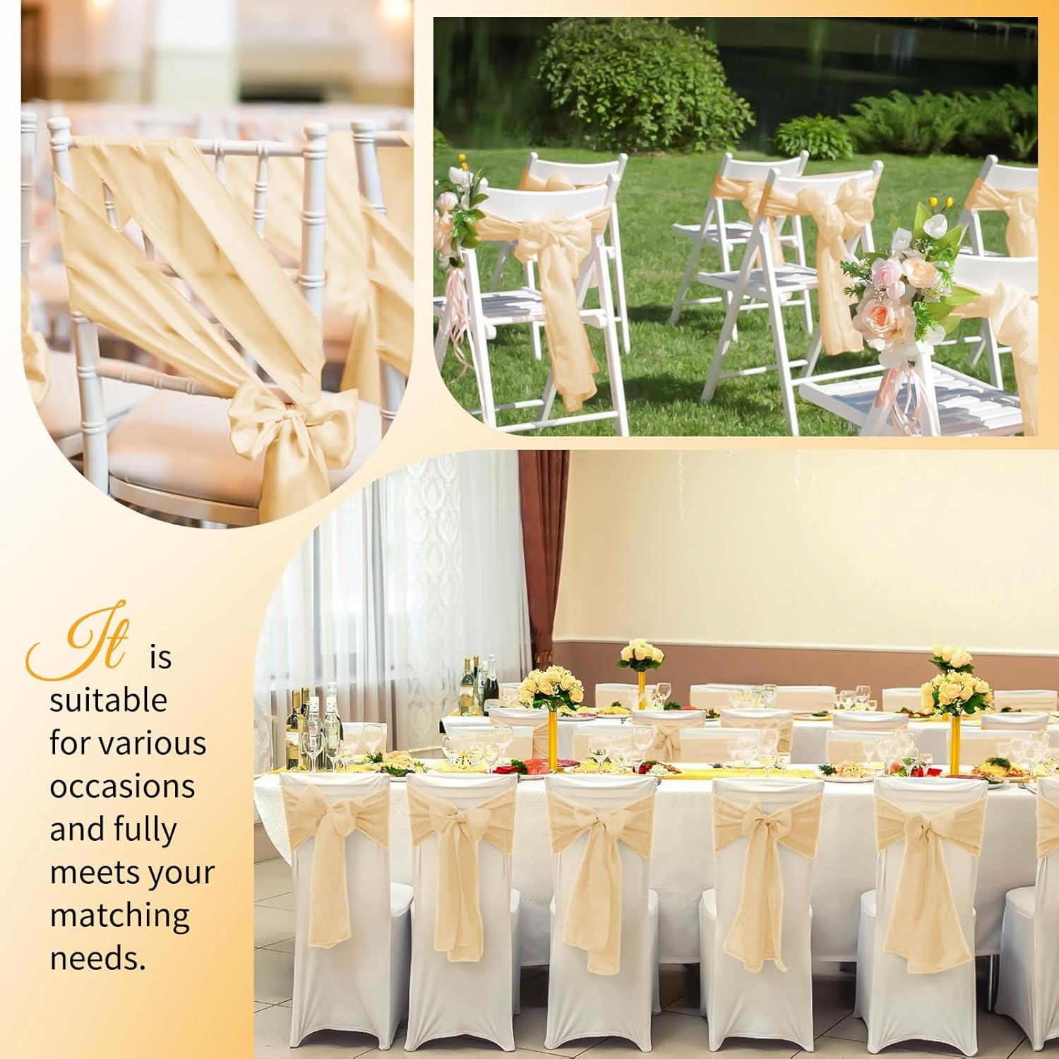 60 PCS Champagne Satin Chair Sashes Bows Universal Chair Cover Band Back Ties Chair Bows for Wedding Party Reception Restaurant Event Decoration(7 x 78 inch)