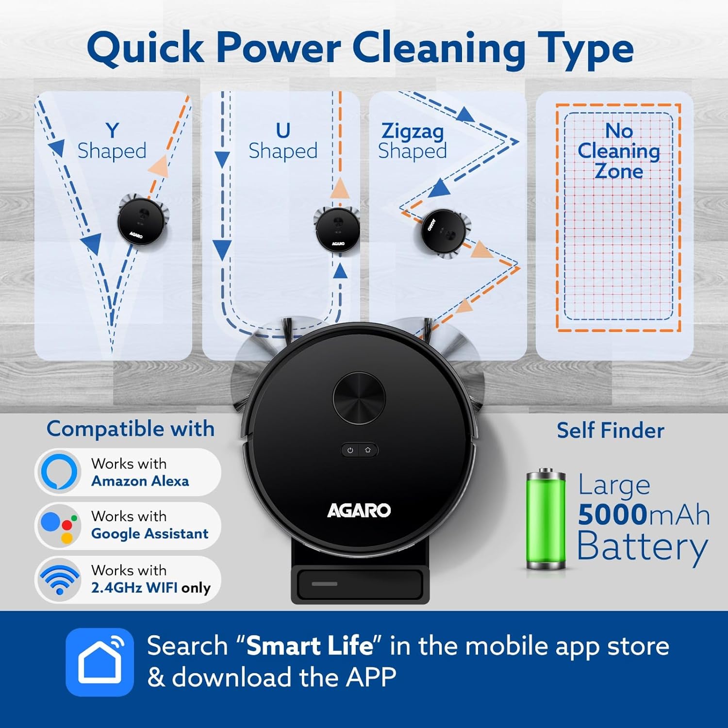 AGARO Imperial Robot Vacuum Cleaner showing various cleaning patterns and app compatibility