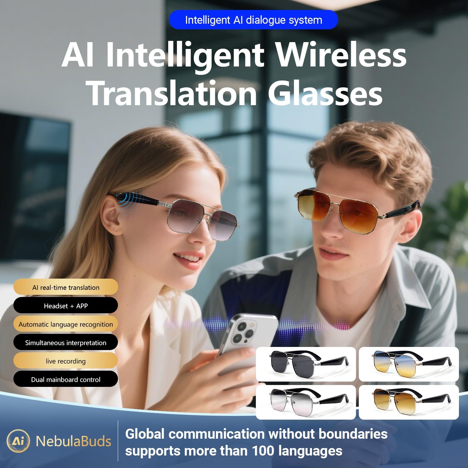Lunettes Connectées Avec AI, Lunettes Musicales Bluetooth Avec Plus 100 Traductions, Verres Dégradés Anti-lumière Bleue, Lunettes Audio Avec Appels Mains Libres, Lunettes Casque(Blue)