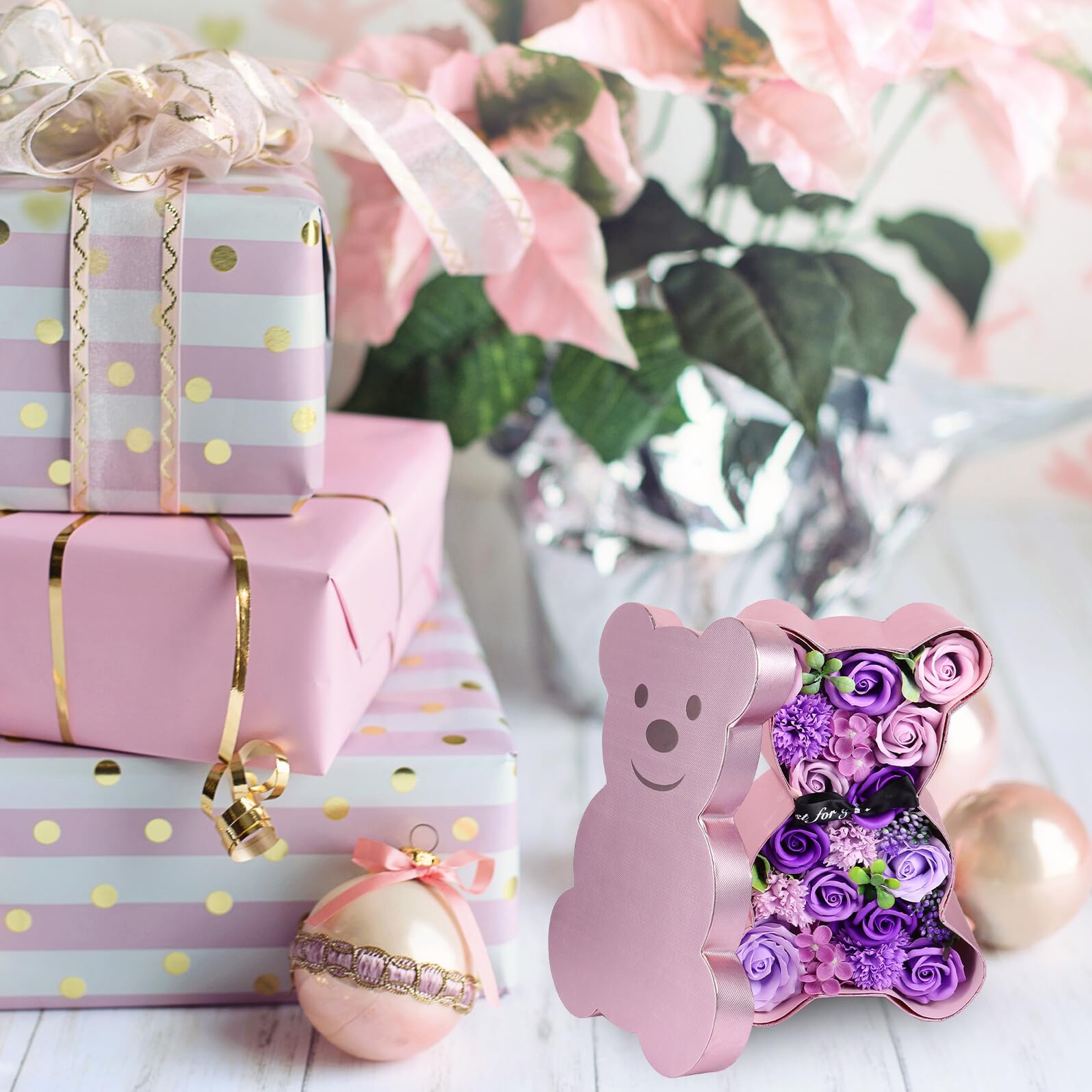 NUOBESTY Coffret Présent Roses Savonnées Ours en Fleurs Parfumées Violet Décoration Romantique pour Mariage et Saint Valentin pour Petite Amie – Boîte à Roses Artificielles Solide et
