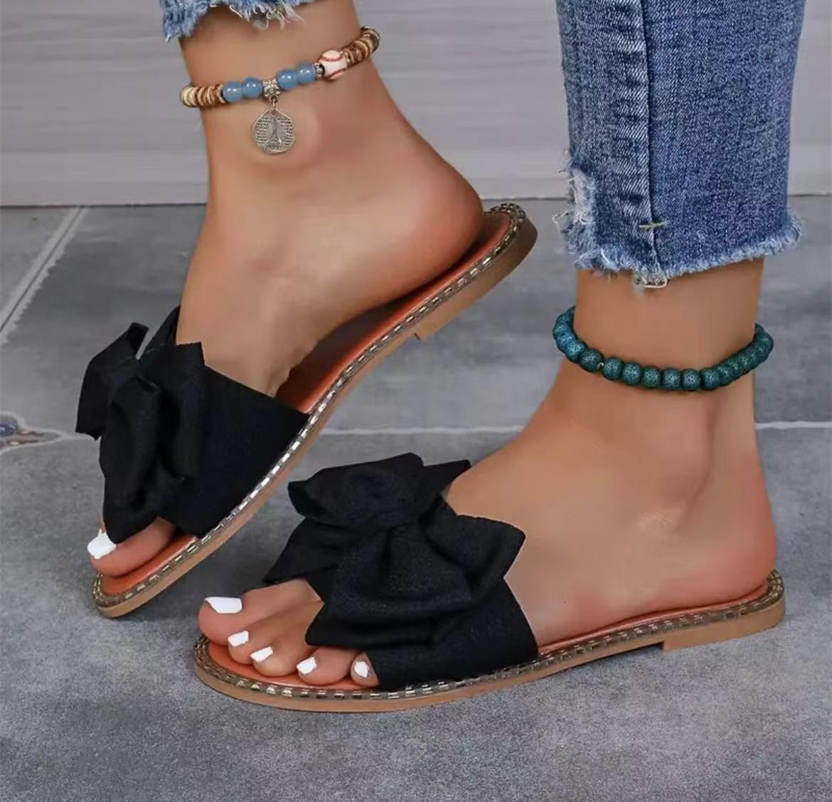 Women's Bow Knot Slides Open Toe Flat Sandals Summer Slip On Slippers - Image 5