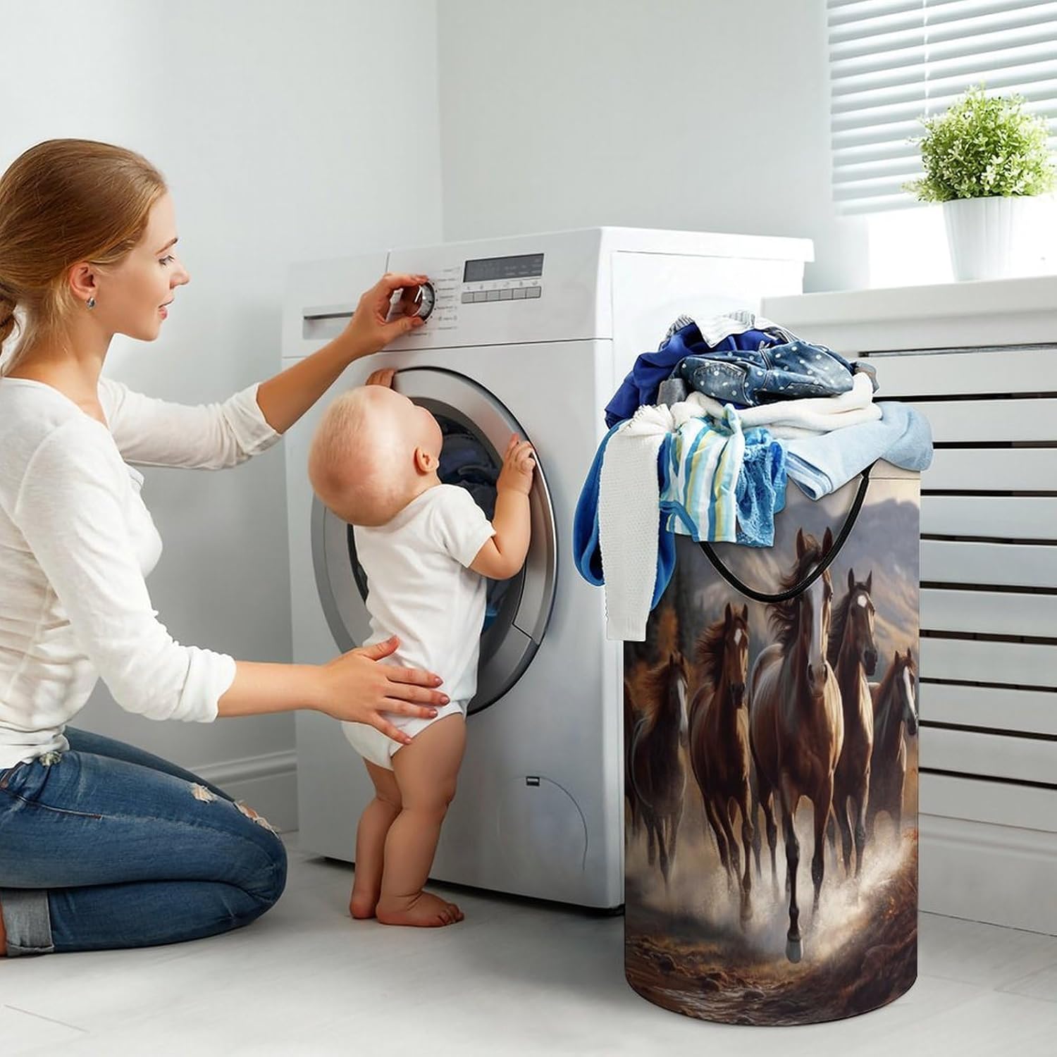 Horses Laundry Hamper with Handles Waterproof Collapsible Laundry Basket Large Lightweight Round Dirty Clothes Hamper for Home Dorm Bathroom Decor