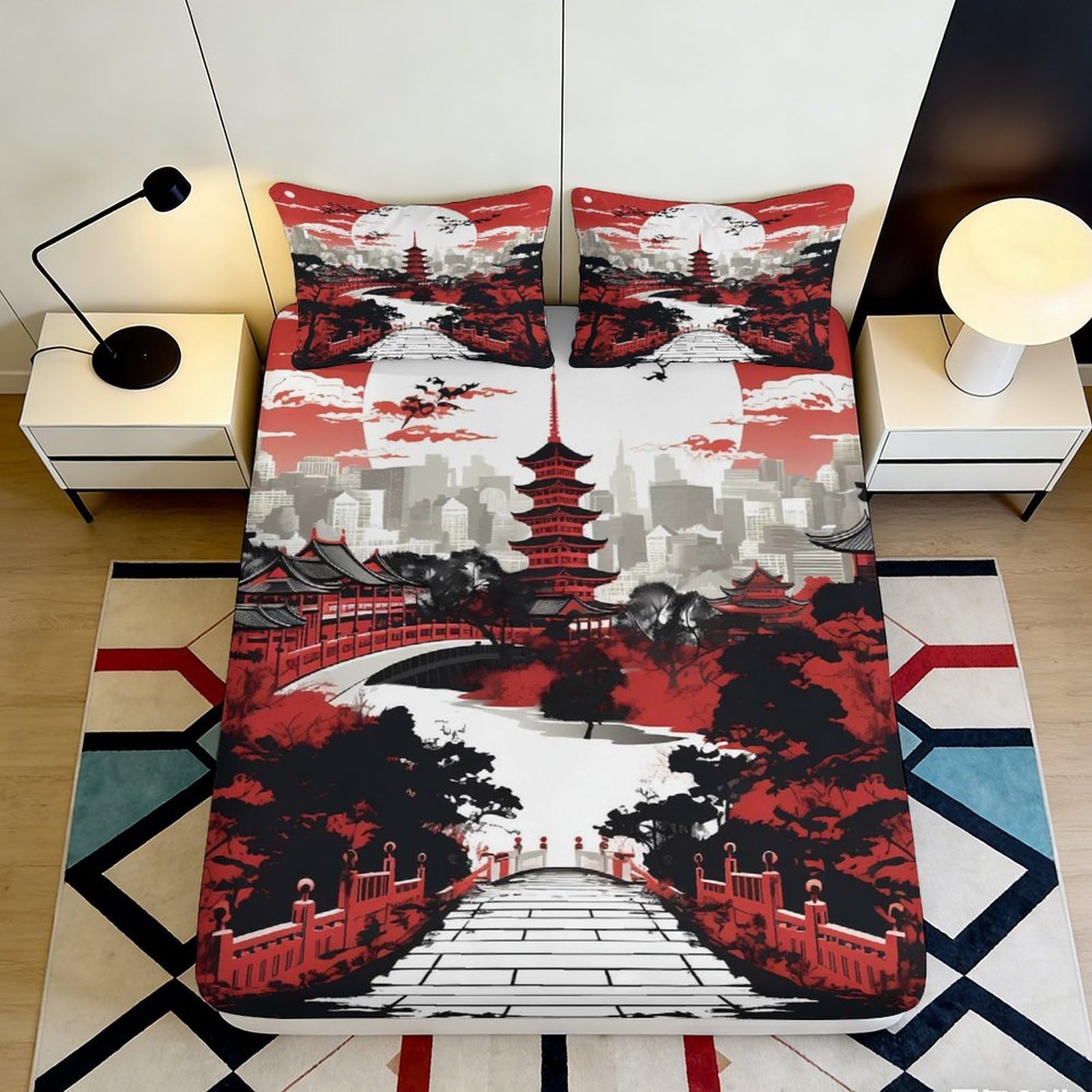 3D Printed Japanese Pagoda Fitted Sheet Microfiber Red Black Landscape Bed Sheet for Bedroom Dorm Mattress Cover Decor 90x200x25cm