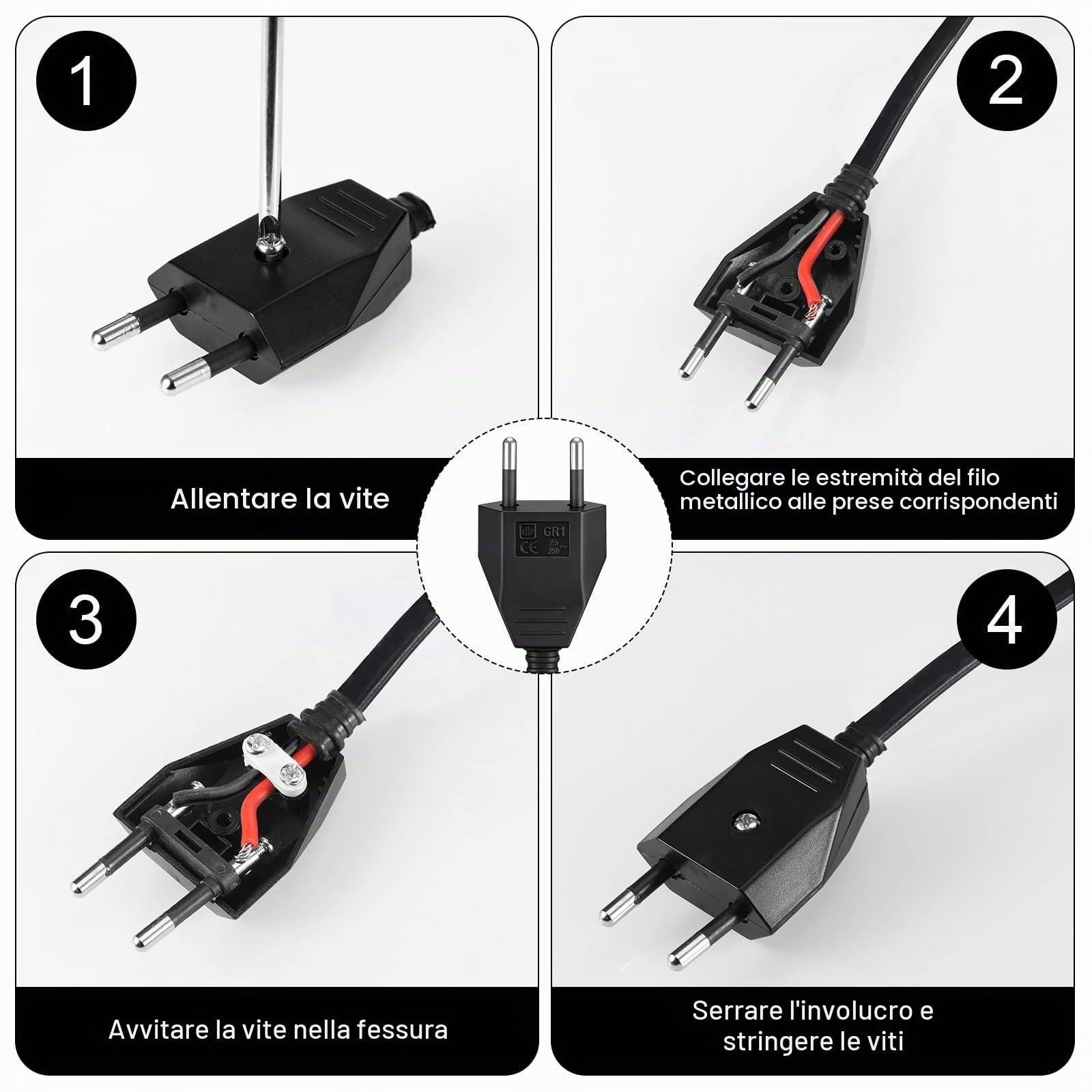 Starvortex 8 Pezzi Spine Europee Piatte, Spine Elettriche da 250V 2,5 A, Spine Piatta Salvaspazio con Cacciavite Incluso, Colore Nero. Adatte per Elettrodomestici e Uso in Viaggio