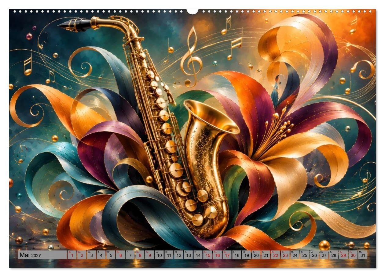 CALVENDO · Musikblüten - 12 Monate voller Klang (Kalender 2027) | DIN A2 Querformat · Premium-Wandkalender · Blütenkunst · Musikinstrumente, eingebettet in dekorative Fantasieblüten