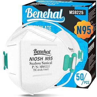 benehal NIOSH Approved N95 Mask Particulate Respirators, Pack of 50 N95 Face Masks, Individually Wrapped, White