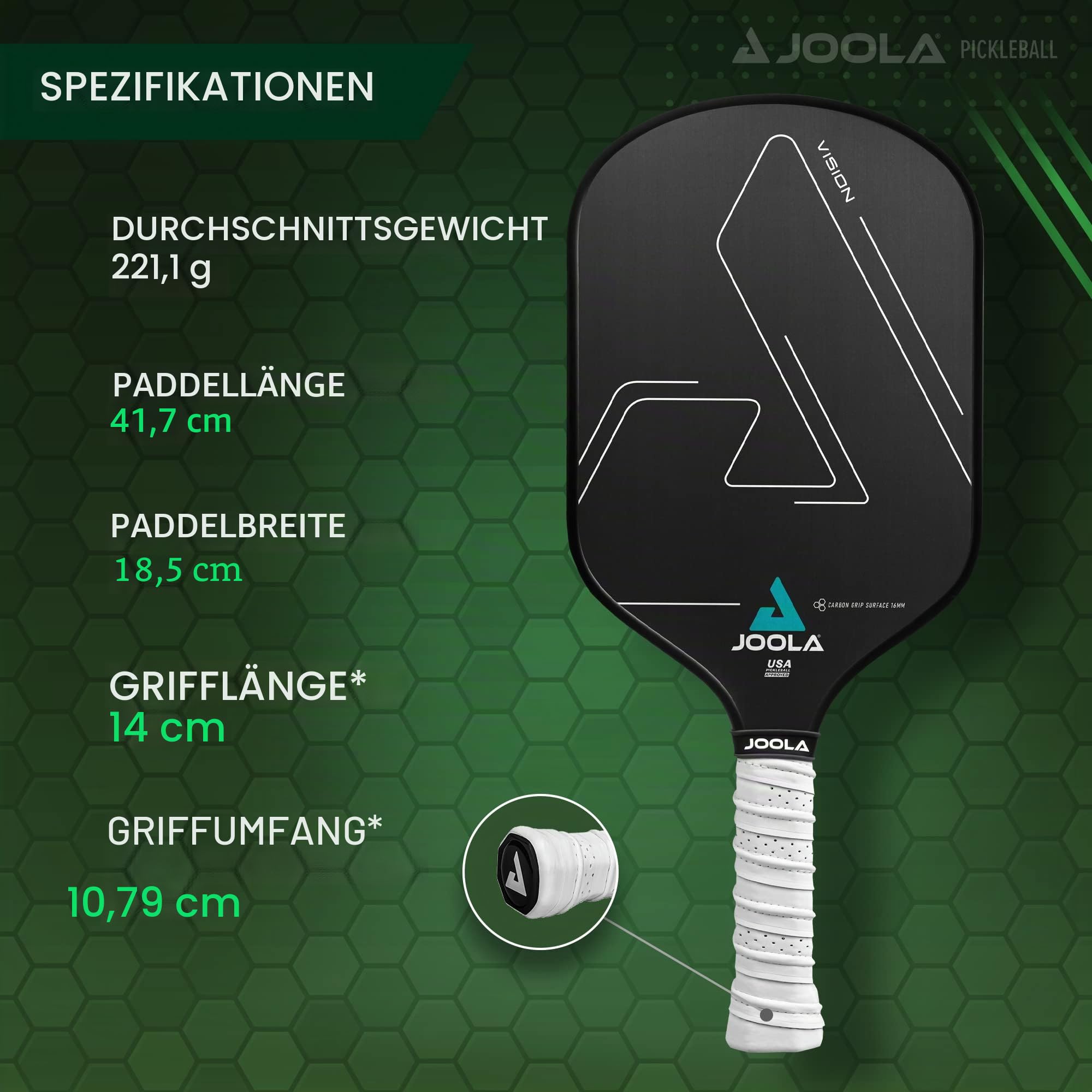 JOOLA Vision Pickleball-Paddel mit strukturierter Carbon-Grip-Oberflächentechnologie für maximalen Spin und Kontrolle mit zusätzlicher Kraft – Pickleballschläger aus Polypropylen, Waben-Kern,
