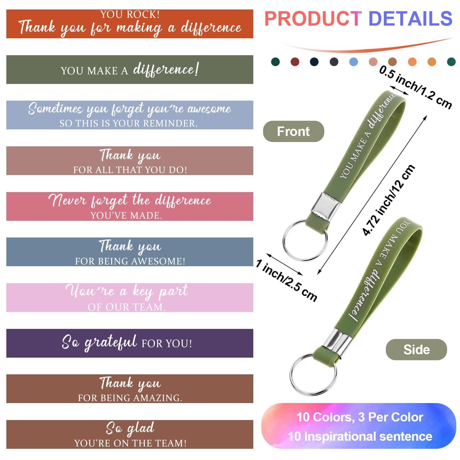 30 Set Inspirational Keychains Gifts Motivational Silicone Keyrings with Thank You Card Organza Bag Thank You Gift for Staff Teacher Coworker Employee Appreciation Gifts Office School Graduation Gift - Image 2