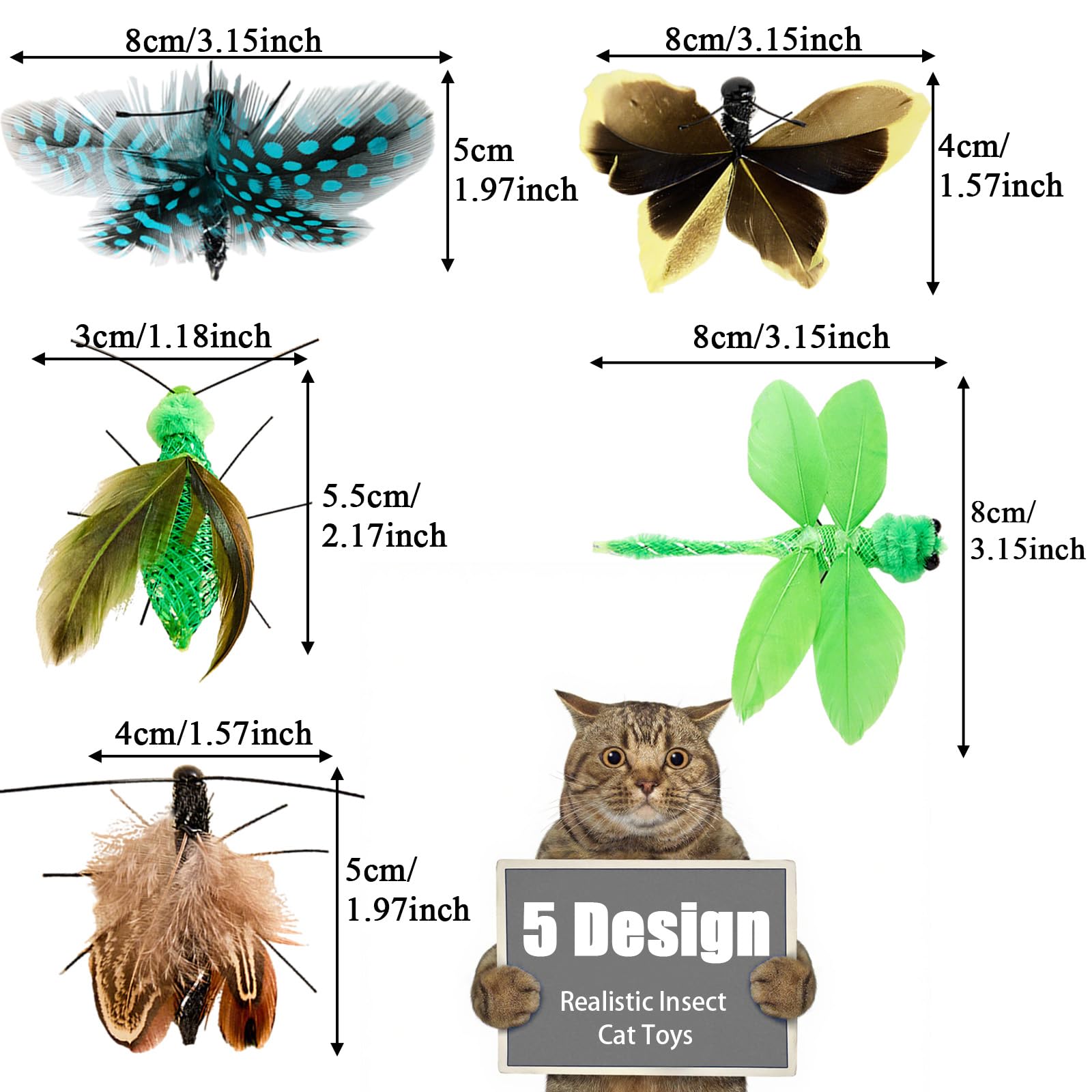 Hjvvr Cat Insect Toys,5pcs Feather Toy Cat Wand Replacement,Handmade Natural Refills, Black - Image 2