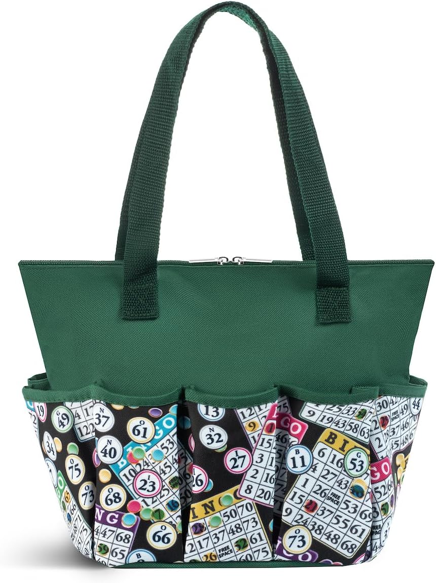 Classic Bingo Black Pattern Tote Bag with 10 Pockets for Daubers, Dabbers, Markers & Accessories – Bingo Bag with Zipper