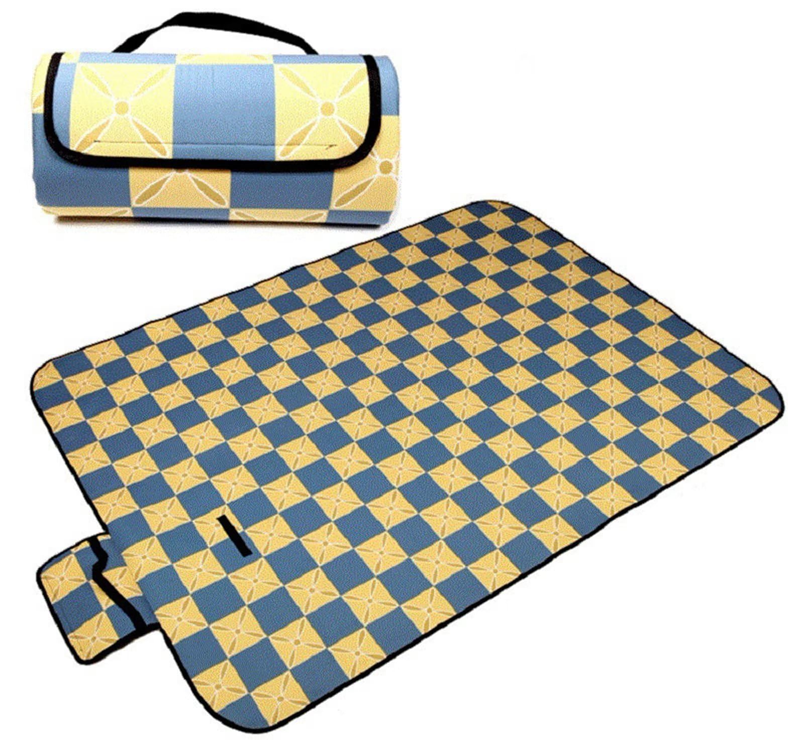 Manta Picnic Impermeable 200x300cm,Lavable Picnic Blanket,Ultrasónica Mantel Picnic,con Mango Multifunción para Acampar Playa Parque de Senderismo,Amarillo Azul geométrico