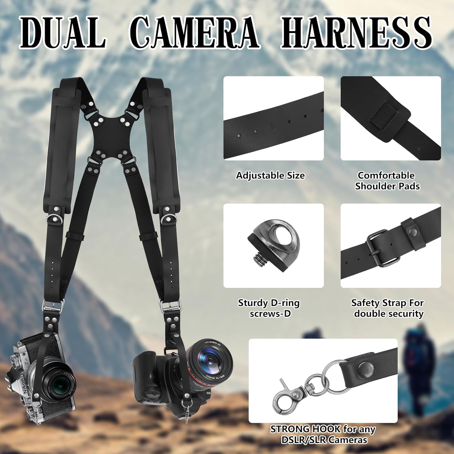Dual Camera Harness Strap for Two-Cameras,Dual Shoulder Leather Camera Strap,Double Camera Harness for DSLR/SLR - Image 2