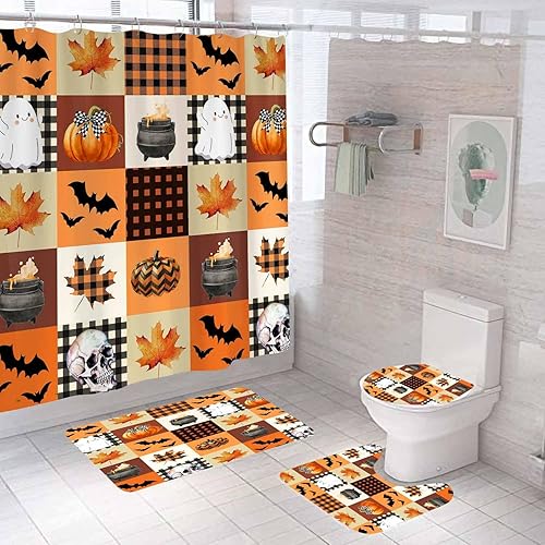 Miniatura 14 de Juego de 4 cortinas de ducha de Halloween con alfombras, divertida cortina de ducha fantasma, cortina de ducha rosa de tela impermeable, cara Rosa