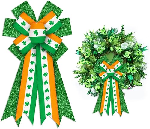 ABTOLS Arcos grandes para corona del día de San Patricio, lazos de trébol de la suerte para corona, bandera irlandesa con purpurina verde, lazo