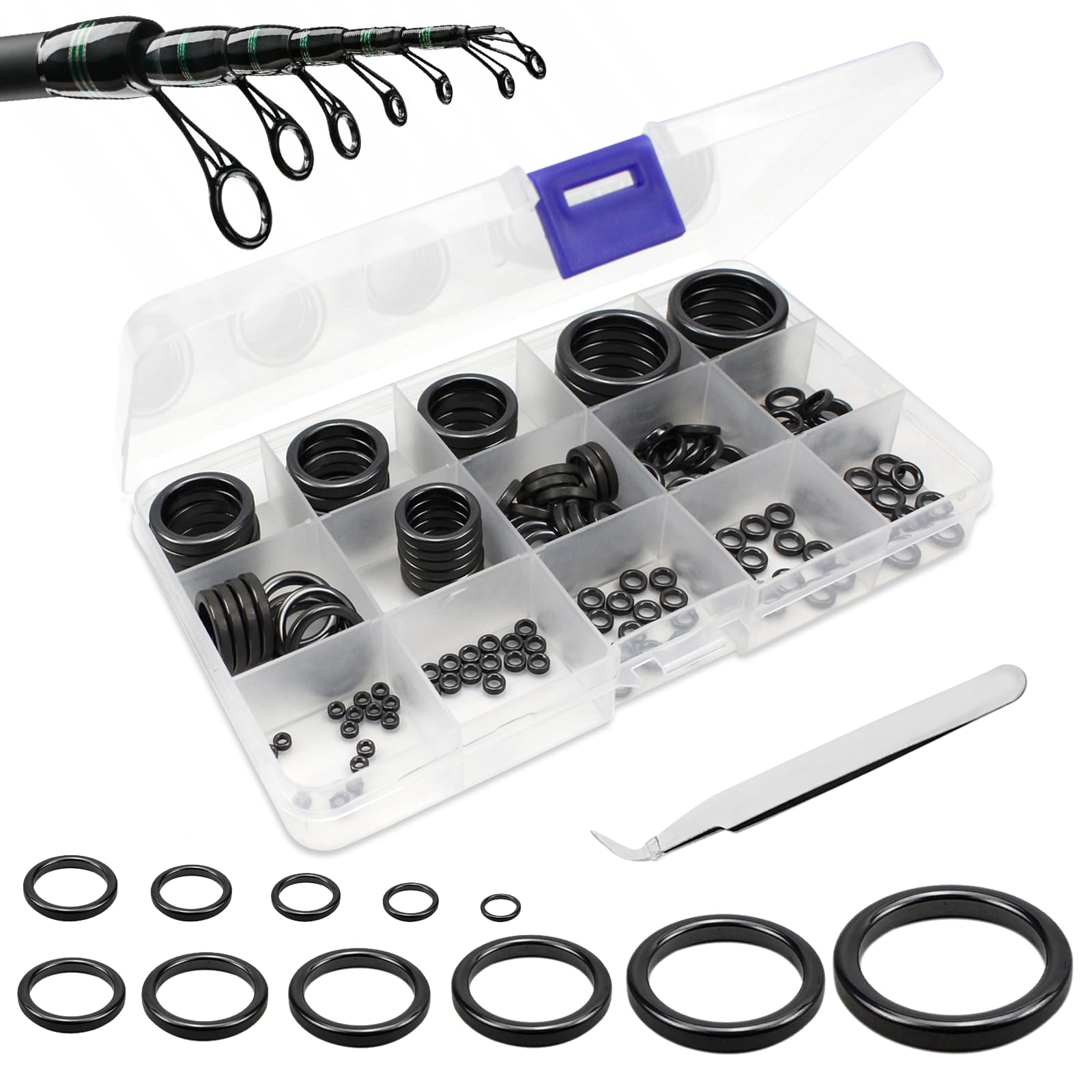 JSUOEO 160 Stück Angelrutenführung Rutenring Set, Angelrute Spitzenring mit Pinzette 12 Größen 3.7mm-30mm Angelruten Keramikführungen Angelrutenführer Reparaturzubehör (Schwarz)