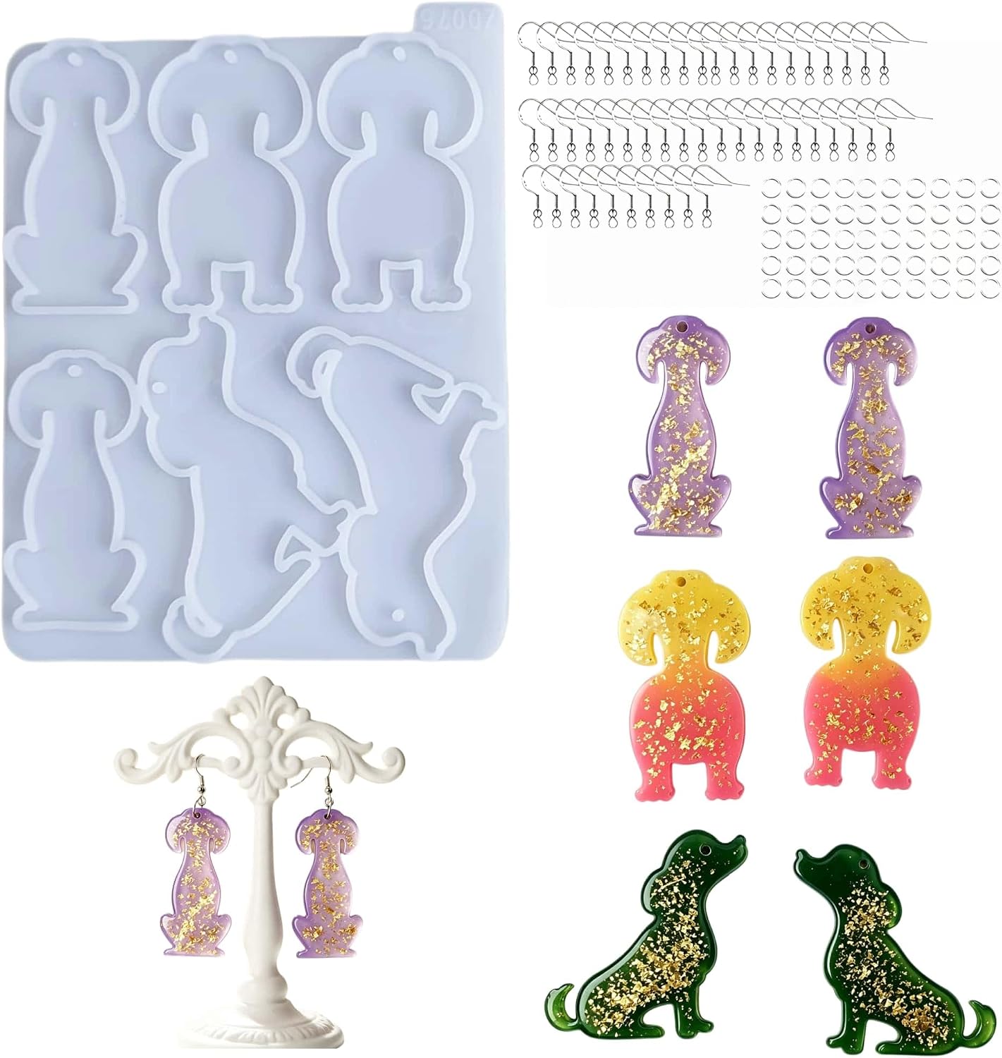 101 Pcs 6‑Cavities Dog Epoxy Casting Molds with Earring Hooks & Jump Rings
