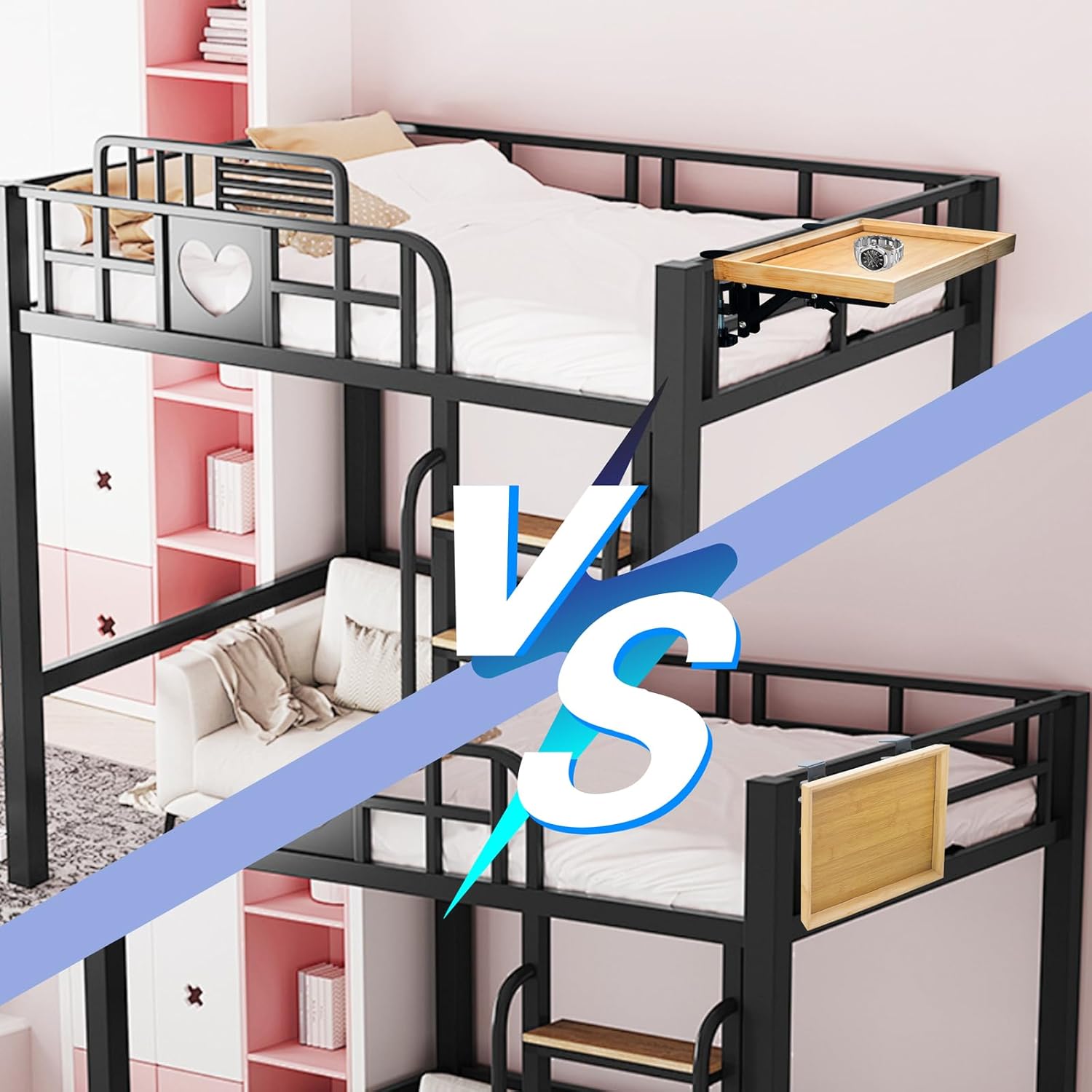 SnowTing Foldable Bedside Shelf, Metal Clip-On Mount and Bamboo Tray for Top Bunk, Side Bed Organizer Simple Nightstand for Home College Dorm Bunk Bed Table Shelf