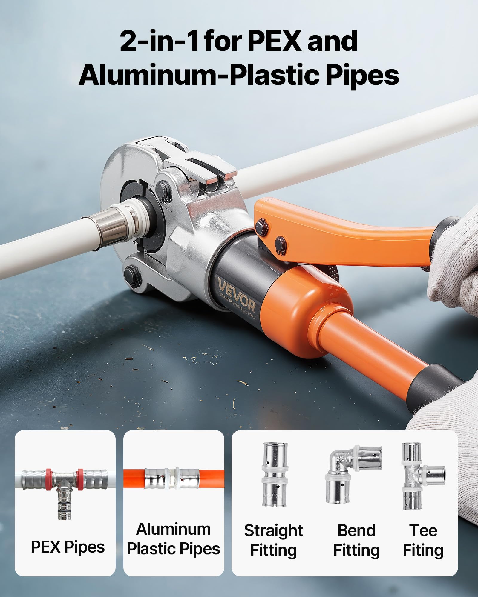 VEVOR Alicates de Prensa Hidráulica de Tuberías, Herramienta de Prensado para Tubos PEX y Aluminio-plástico con 4 Mordazas U16, U20, U25, U32 y Estuche, para Reparación, Instalación de Fontanería