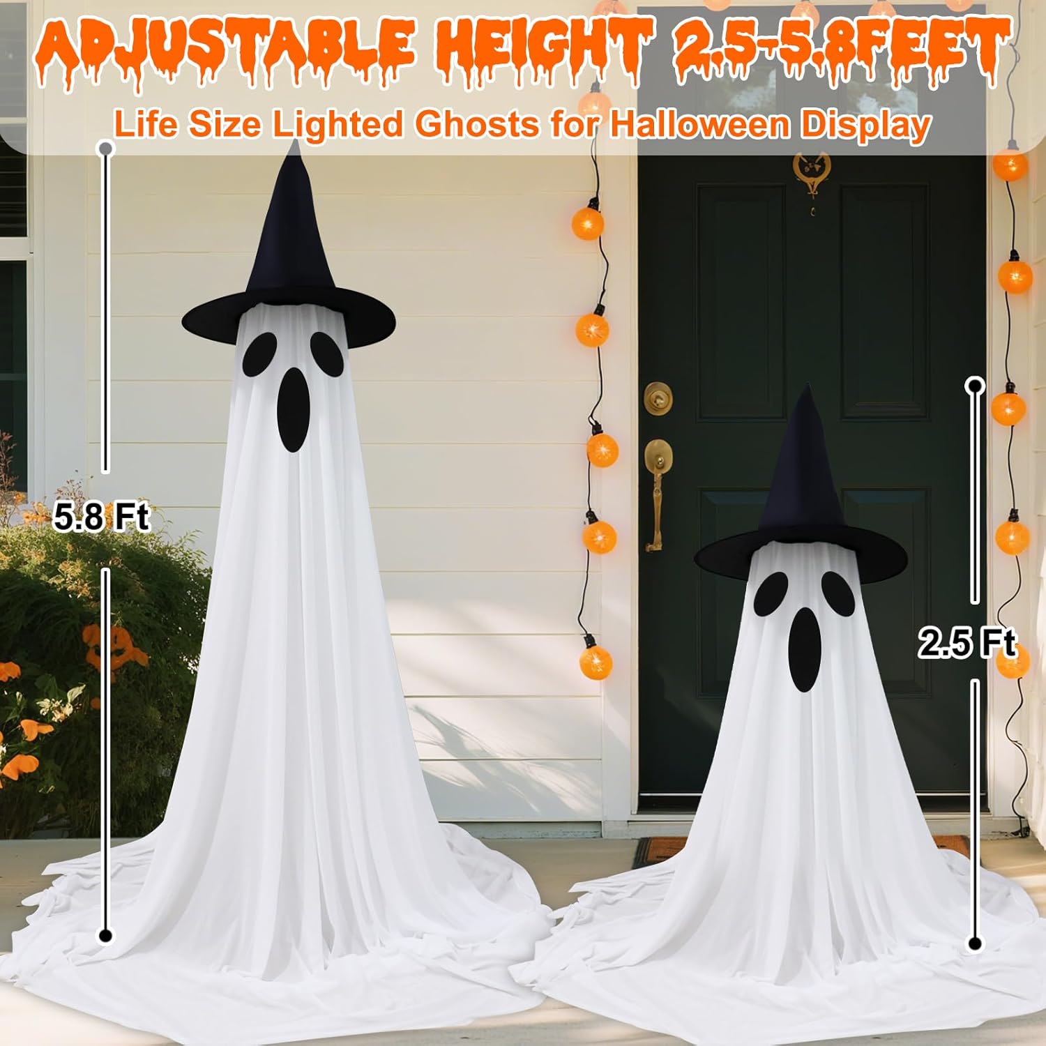 2PCS Halloween Ghosts Decorations Outdoor/Indoor, Large Adjustable Height Lighted White Cloth Ghosts with Adjustable String Lights Battery Operated Halloween Party Home Porch Yard Decorations