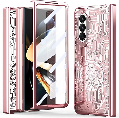 Miimall Funda para Samsung Galaxy Z Fold 5 con protector de pantalla, funda plegable 5 con protección de bisagra + textura de chapado mecánico de