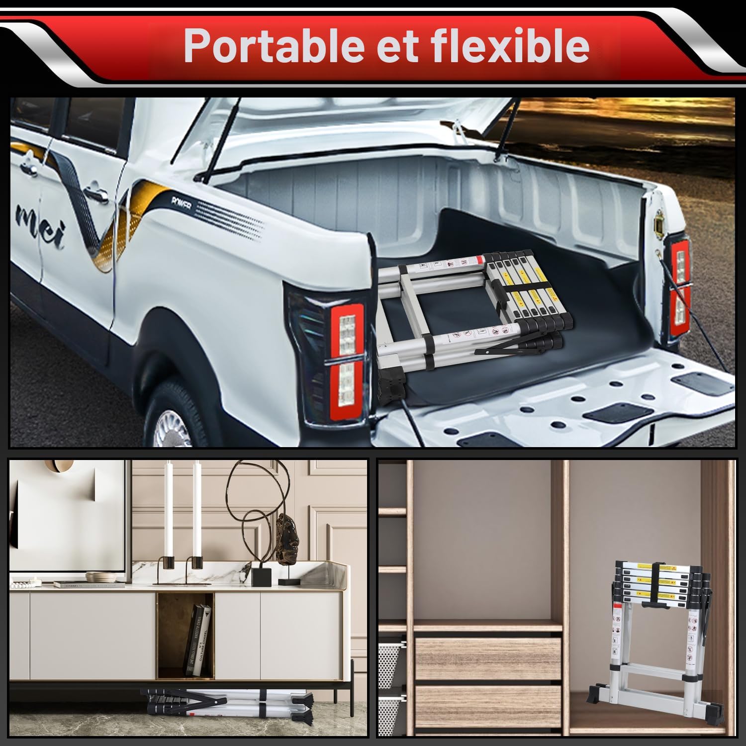 Échelle télescopique Pliante - 1,7 m + 2,0 m - en Aluminium - Cadre A - 5 + 6 échelons - Antidérapante - Charge maximale : 150 kg