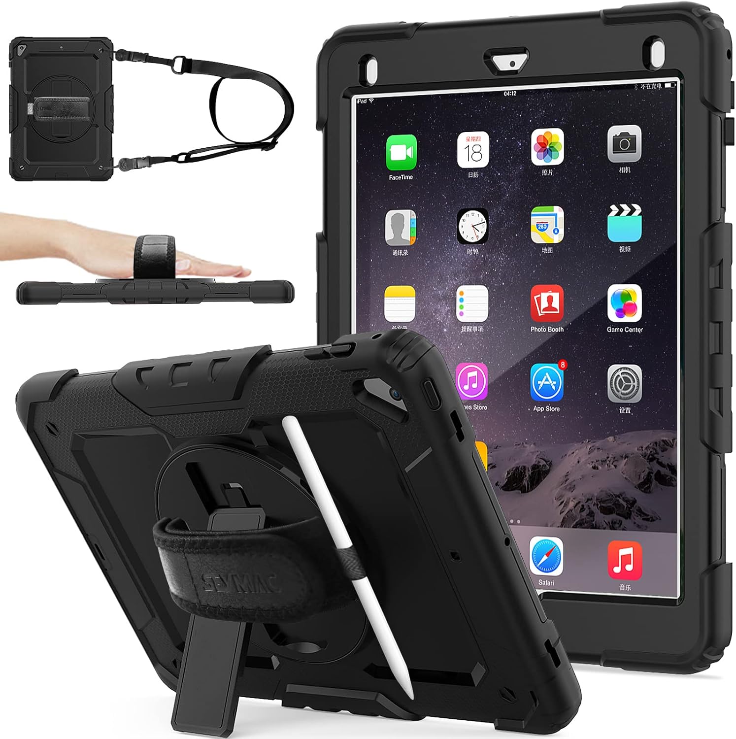 iPad 6th/5th Generation Case 9.7’’ with Screen Protector Pencil Holder [360 Rotating Hand Strap] &Stand, SEYMAC stock Drop-Proof Case for iPad 6th/5th/ Air 2/ Pro 9.7 (Black)