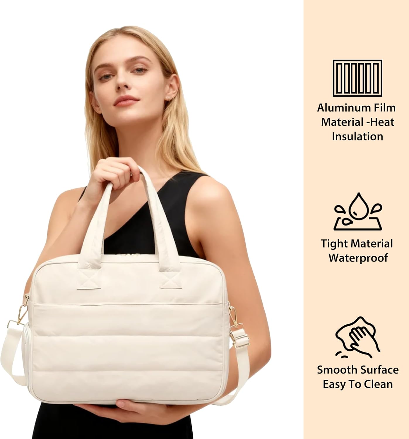 3-in-1 Working Lunch Tote Bag for Women: Thermal 17.3" Large Quilted Bag with Laptop Compartment, Detachable Wallet & Strap for Office, School, Travel