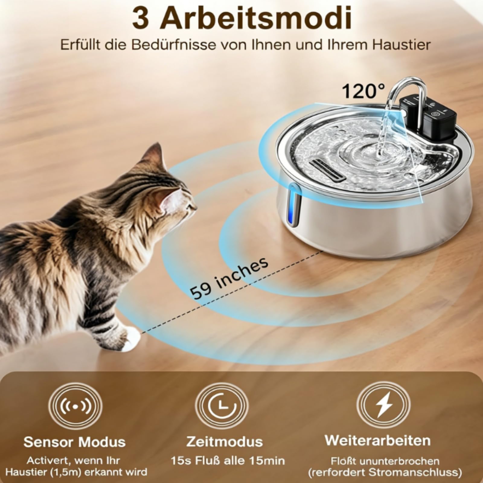 Vello Brunnen Hund,Kabelloser Katzenbrunnen Edelstahl 135oz/4L,Automatischer Haustier Wasserspender mit vierstufigem Filter,Leise Pumpe,für Katzen und kleine Hunde