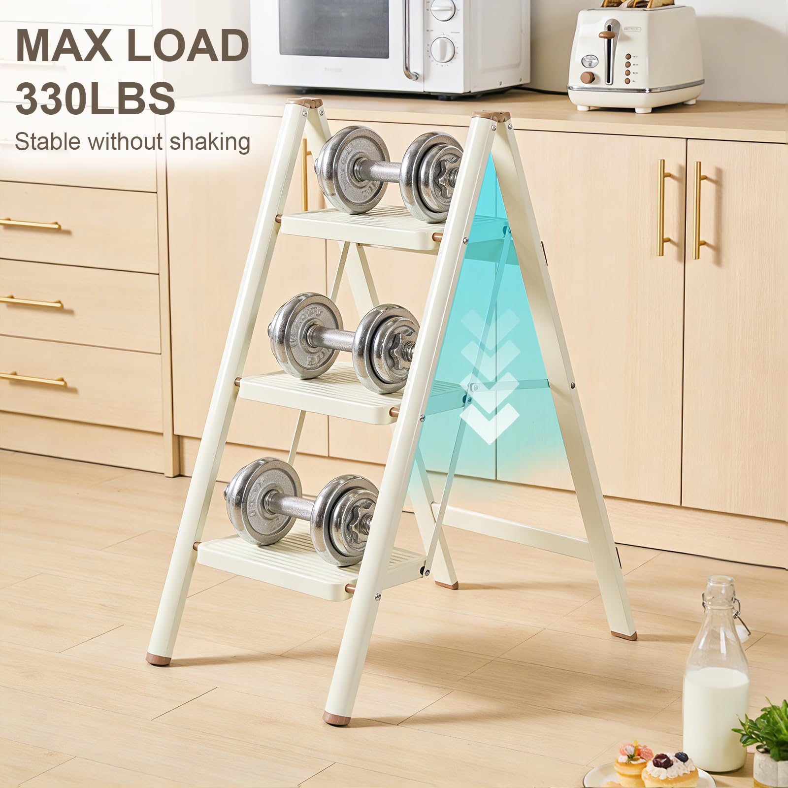 Valeo 3 Step Ladder,Lightweight Folding Step Stool with Wide Anti-Slip Pedal, 330LBS Capacity, Heavy Duty,Sturdy Iron Metal Step Stool for Home, Kitchen, Closet, Adults, Cream White - 2
