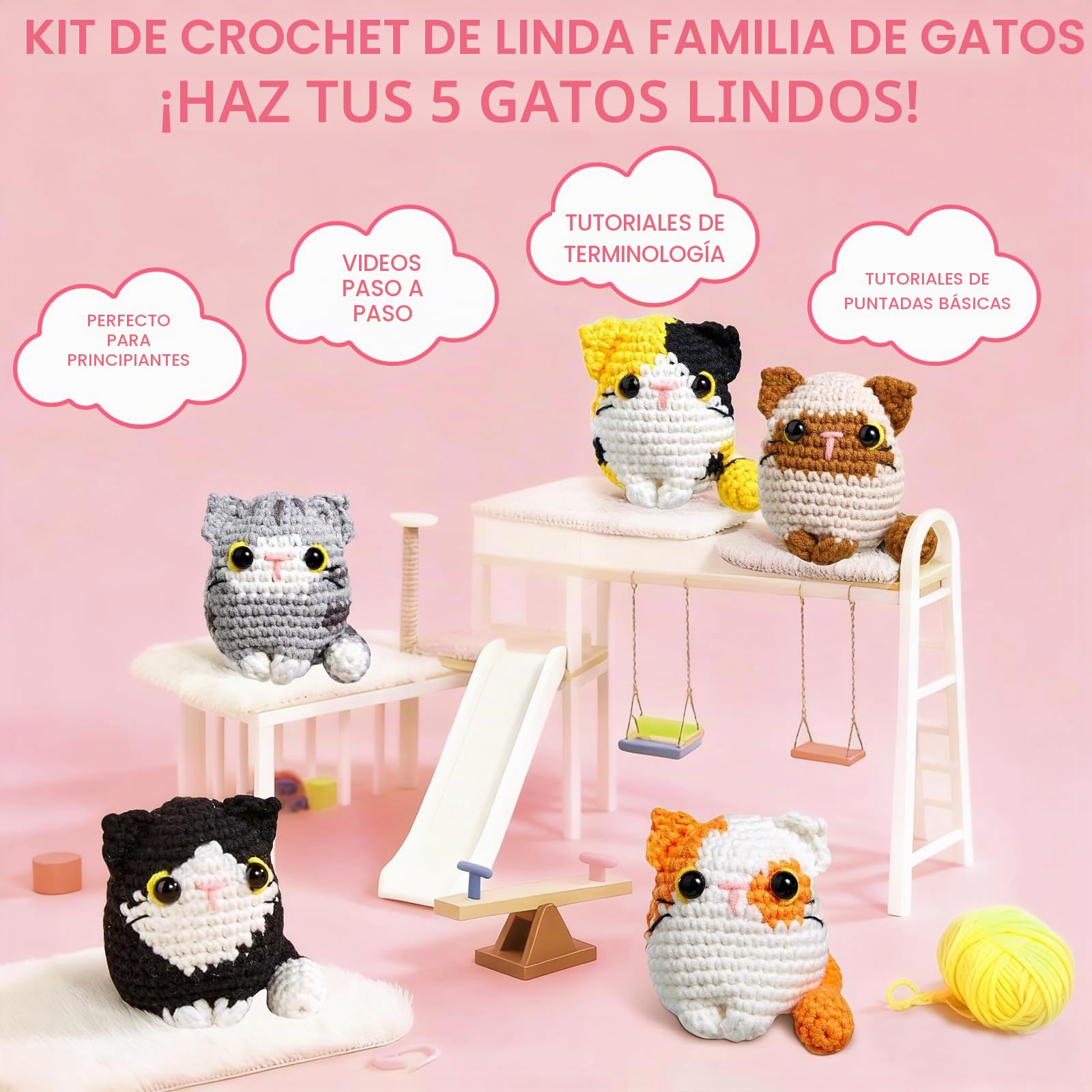 UXORSN Juego de ganchillo de animales para principiantes, 5 unidades, gatos y familia, juego de ganchillo para adultos, crochet de punto, juego de crochet para regalo, juego de punto con instrucciones