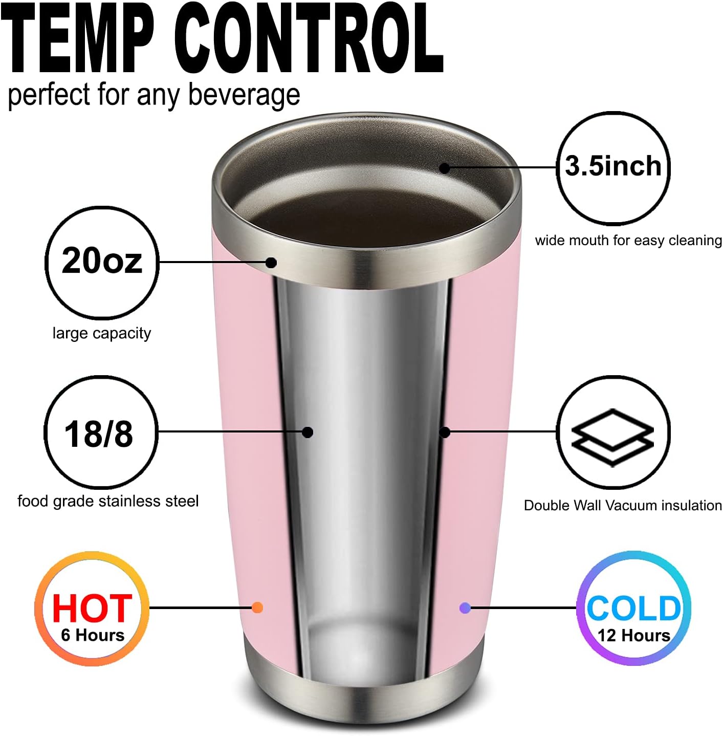 COMOOO 20oz 8 Pack Tumbler Double Wall Vacuum Insulated Coffee Travel Mug Stainless Steel Tumbler Bulk with Lid and Straw Insulated Coffee Cup for Cold & Hot Drinks (Pink, 8 Pack) - Image 2