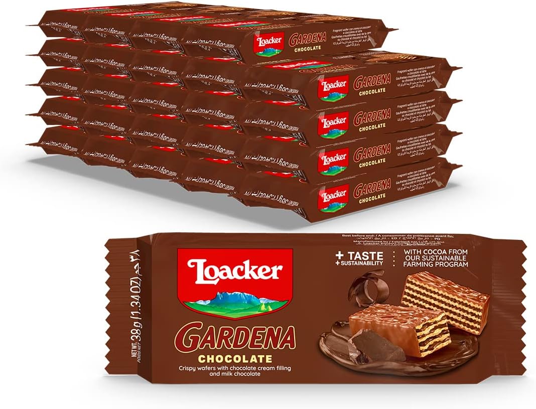 Loacker Gardena Chocolate, Premium Milk Chocolate Covered Crispy Wafer Snack Bars with Chocolate Cream Filling, Pack of 25 individually wrapped snacks