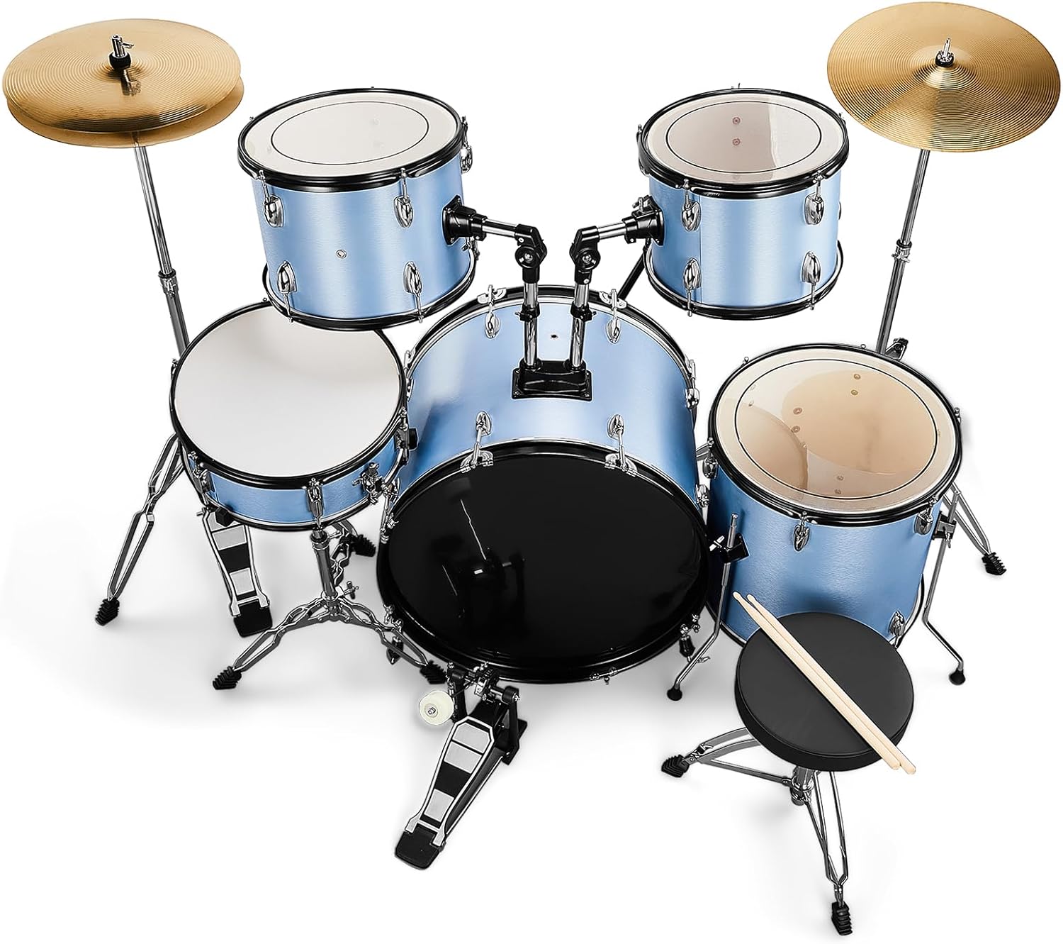 5-Piece Drum Set Adult, 22-Inch Full Size Drumset with Cymbals, Pedal, Drumsticks, Adjustable Stool & Stands – Acoustic Drum Set for Adults, Beginners, Students,Teens – Blue
