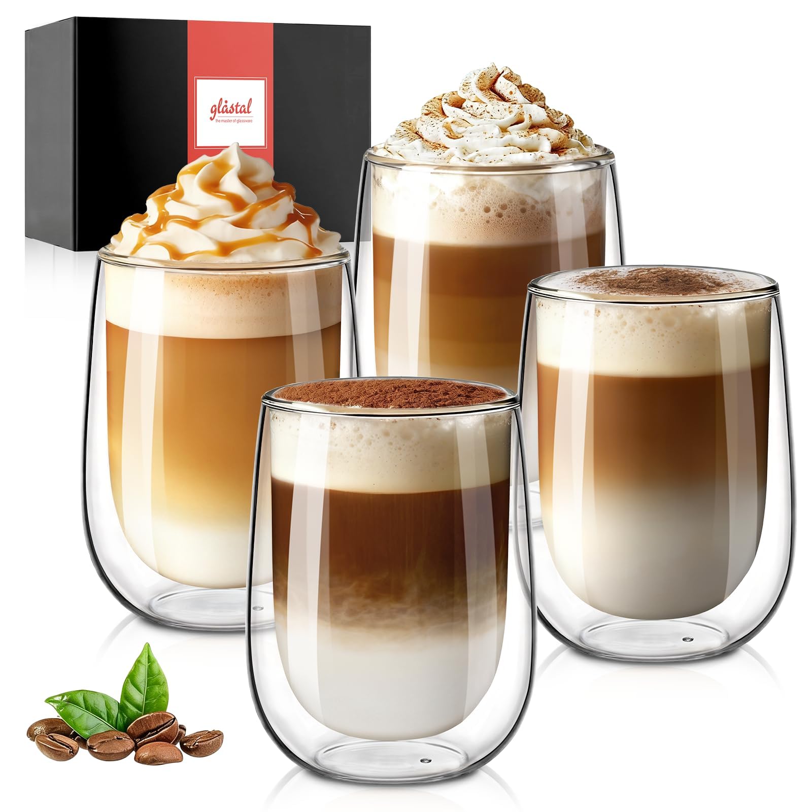 glastal 6x250ml Doppelwandige Kaffeeglas Cappuccino Latte Macchiato Gläser | Borosilikatglas, Doppelwandige Kaffeegläser, Geeignet für Cappuccino Latte Macchiato Tee EIS Milch Bier Saft Eistee
