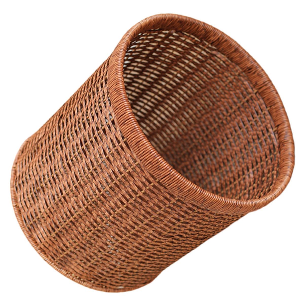 Toyvian Vintage Walnut Imitation Rattan Trash Bin 12l Large Wastebasket for Office Bedroom and Bathroom Storage, Multifunctional Small Garbage Can for Home Organization