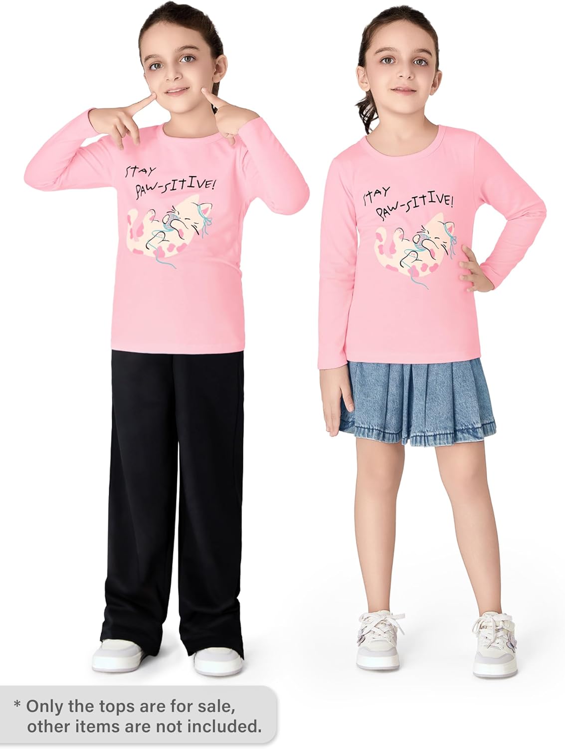 Girls Long Sleeve T-Shirt - Soft Tops Pink Cute Cat Graphic Tee Size 6-14 - Image 3