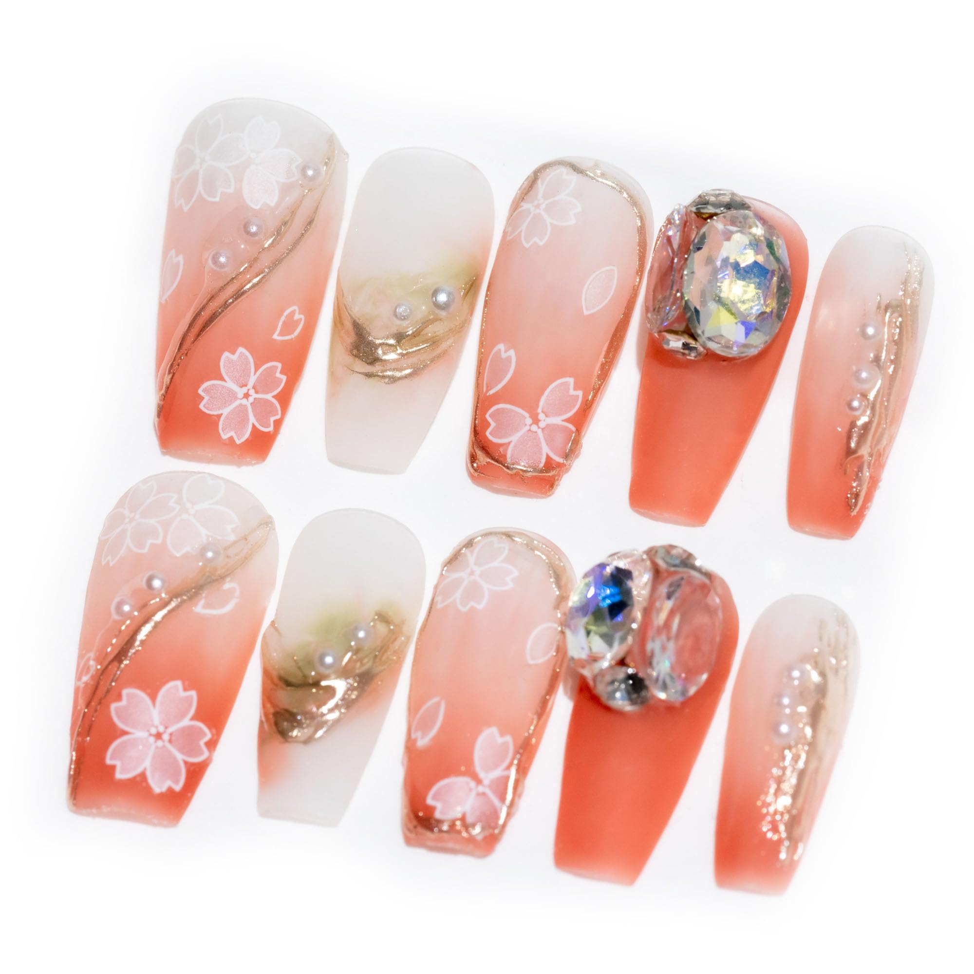 Sun&Beam Nails Handmade Press-on Long Coffin Ballerina Red White Black Silver Glam Halloween Ombre Design Fashion False Nail Tips 10 Pcs Set (#189 M) — view 73