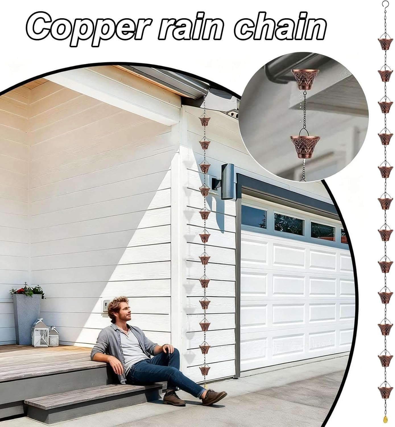 Downspout Adapter, Cup Linkage for Exterior with Weatherproof Finish, Large Metal Drainage with Soothing Sound Feature, Unique Selling Points Patio Canopy Yard Harvest Water 2.8 Meters Length 1 Piece